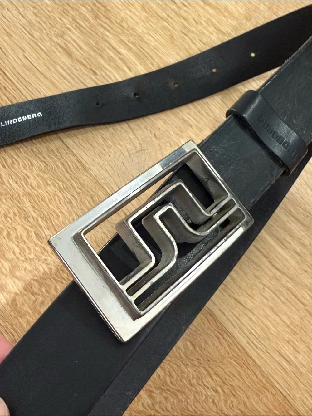 J.Lindeberg Men's Black Leather Belt with Brushed Silver Logo Buckle